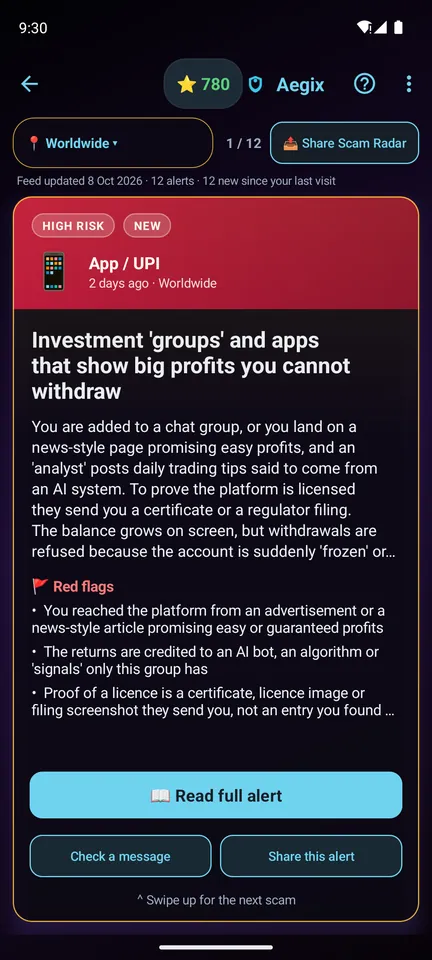 Aegix Scam Radar: a high-risk scam alert with how it works, red flags, and buttons to check a message or share the alert