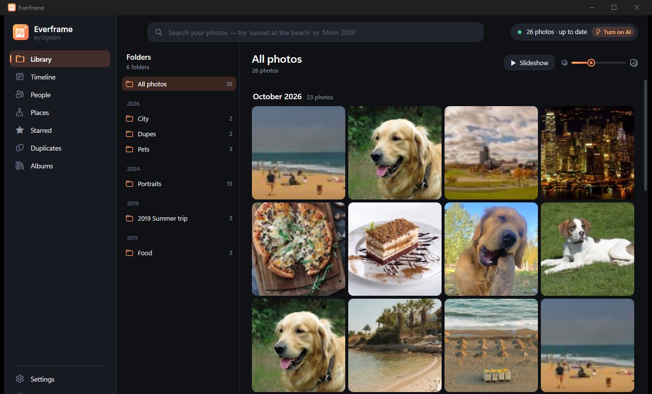 Everframe Library view: folders on the left, a month-by-month grid of photos on the right